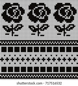 Knitted seamless pattern roses and fair isle elements