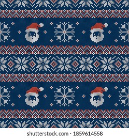 Knitted seamless pattern with Santa Clauses, snowflakes and scandinavian ornaments. Vector background. Blue, red and white sweater print.
