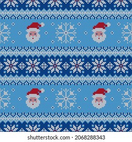 Knitted seamless pattern with Santa Clauses, snowflakes and scandinavian ornaments. Vector background. Blue, red and white sweater print.