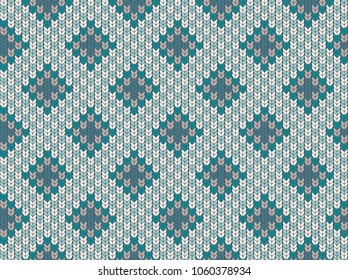 Knitted seamless pattern. A simple geometric background in a cage and a rhombus. Imitation knitted sweater tracery. Modern style. Sample and template of knitted article. Vector illustration.