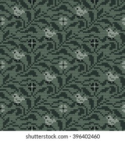 Knitted seamless pattern small flowers and birds
