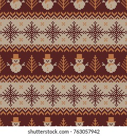 Knitted seamless pattern with snowmans and snowflakes. Brown, beige and white sweater background for Christmas or winter design. Vector ornament.