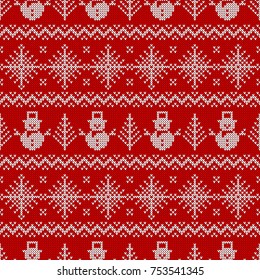 Knitted seamless pattern with snowmen and snowflakes.Red and white sweater background for Christmas or winter design. Vector ornament.