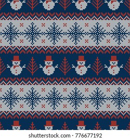 Knitted seamless pattern with snowmen and snowflakes. Blue, red and white sweater background for Christmas, New Year or winter design. Vector ornament.