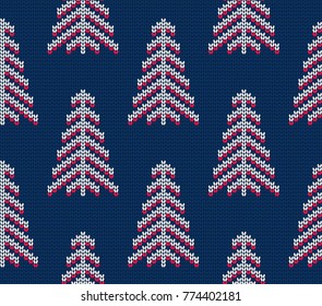 Knitted seamless pattern of spruce. Winter vector background