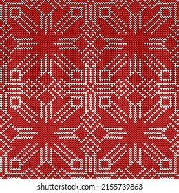 Patrón sin fisuras de punto para suéter, tela, decoración, diseño. Patrón geométrico, rojo y blanco con copos de nieve de estilo noruego.