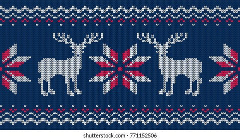 Knitted seamless pattern for sweater. Vector background with deer