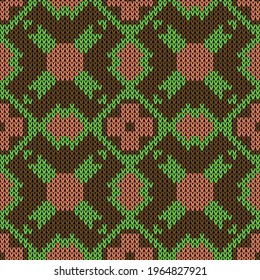 Knitted seamless pattern. Vector illustration  Colors: Japonica, Dark Brown, Kelly Green