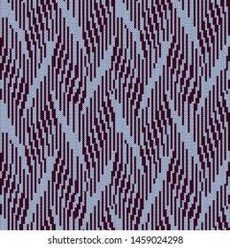 Knitted seamless pattern with wavy lines in magenta color on the mute blue background, vector as fabric texture