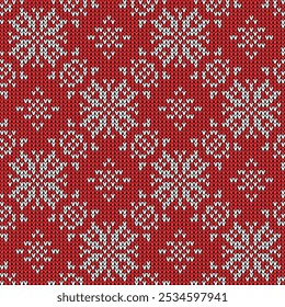 Padrão sem costura de malha com ornamento branco e fundo vermelho. Design elegante e acolhedor na moda. Estilo de malha. Ilustração criativa com motivo de inverno.