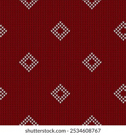 Knitted seamless pattern with white rhombs and red background. Fashionable northern stylish design. Knitted style. Creative illustration with winter motive.