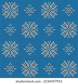 Knitted seamless pattern with white snowflakes and blue background. Cozy northern stylish design. Knitted style. Creative illustration with winter motive.