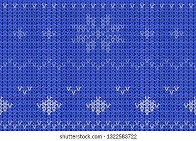Knitted seamless pattern, winter ornament on a blue background.