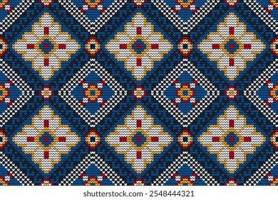 Knitted seamless pattern,knitted flower seamless pattern on blue  background,vector illustration,geometric ethnic pattern,Aztec style,abstract background.design for texture,fabric,clothing,decoration