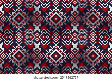 Knitted seamless pattern,knitted flower seamless pattern on blue background,vector illustration,geometric ethnic pattern,Aztec style,abstract background.design for texture,fabric,clothing,decoration.