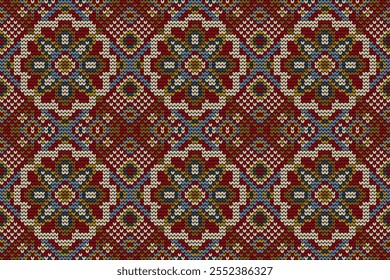 Knitted seamless pattern,knitted flower seamless pattern on red background,vector illustration,geometric ethnic pattern,Aztec style,abstract background.design for texture,fabric,clothing,decoration