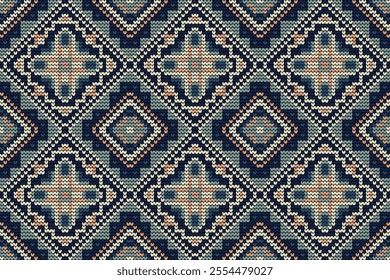 Knitted seamless pattern,knitted flower seamless pattern on blue background,vector illustration,geometric ethnic pattern,Aztec style,abstract background.design for texture,fabric,clothing,decoration