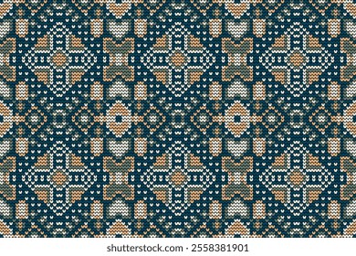 Knitted seamless pattern,knitted flower seamless pattern on blue  background,vector illustration,geometric ethnic pattern,Aztec style,abstract background.design for texture,fabric,clothing,decoration