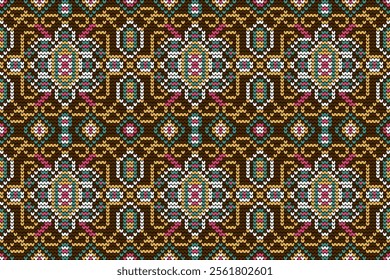 Knitted seamless pattern,knitted flower seamless pattern on brown background,vector illustration,geometric ethnic pattern,Aztec style,abstract background.design for texture,fabric,clothing,decoration.