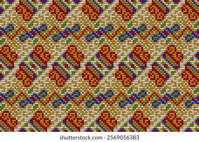 Knitted seamless pattern,knitted flower seamless pattern on yellow background,vector illustration,geometric ethnic pattern,Aztec style,abstract background.design for texture,fabric,clothing,decoration