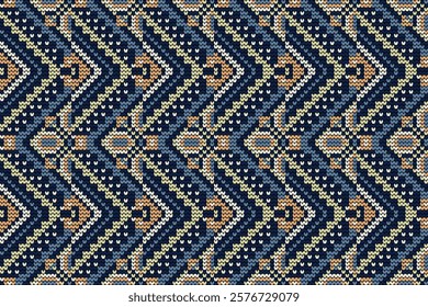 Knitted seamless pattern,knitted flower seamless pattern on blue background,vector illustration,geometric ethnic pattern,Aztec style,abstract background.design for texture,fabric,clothing,decoration