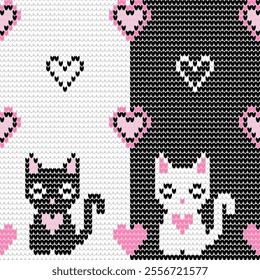 Knitted seamless patterns. Black and white cats with hearts. Sweater textures design. Valentines Theme. Designed for fabric, textiles, clothing, rugs - Vector