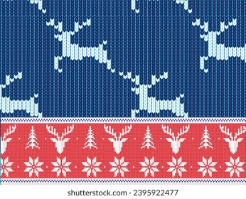 knitted seamless patterns with charismas sweater textures. red and blue knitted print. holiday fair isle ornament design with reindeer snowflakes and trees. geometric design with vector illustration  