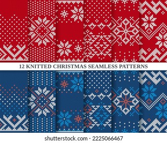 Knitted seamless patterns collection. Christmas knit sweater textures collection red and blue. Holiday fair isle traditional ornament. Set Xmas winter geometric background. Vector illustration