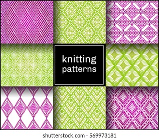 Knitted seamless patterns. Crochet mesh. Knitting or woven macrame in the bohemian style. Oriental motifs. 