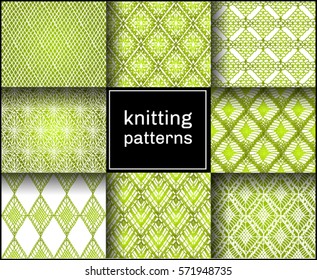 Knitted seamless patterns. Crochet mesh. Knitting or woven macrame in the bohemian style. Oriental motifs.