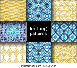 Knitted seamless patterns. Crochet mesh. Knitting or woven macrame in the bohemian style. Oriental motifs.