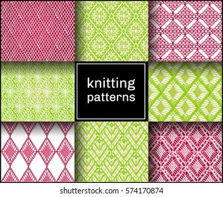 Knitted seamless patterns. Crochet mesh. Knitting or woven macrame in the bohemian style. Oriental motifs.