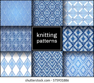 Knitted seamless patterns. Crochet mesh. Knitting or woven macrame in the bohemian style. Oriental motifs