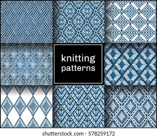 Knitted seamless patterns. Crochet mesh. Knitting or woven macrame in the bohemian style. Oriental motifs.