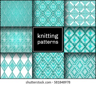 Knitted seamless patterns. Crochet mesh. Knitting or woven macrame in the bohemian style. Oriental motifs