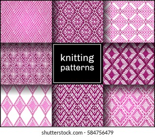 Knitted seamless patterns. Crochet mesh. Knitting or woven macrame in the bohemian style. Oriental motifs.