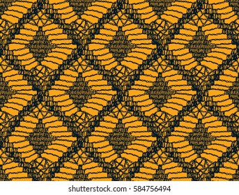 Knitted seamless patterns. Crochet mesh. Knitting or woven macrame in the bohemian style. Oriental motifs.