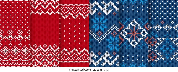 Knitted seamless patterns. Holiday fair isle traditional ornament. Christmas print. Set Xmas winter geometric background. Red and blue knit sweater texture. Festive crochet. Vector illustration