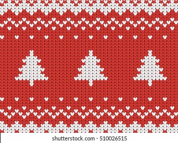 Knitted seamless  red Christmas pattern with Christmas trees, seamless pattern