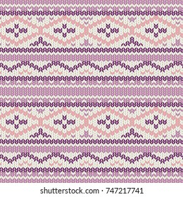 Knitted seamless vector pattern with cozy geometric ornament. Hand drawn winter sweater texture in colors of pink, purple and beige. Knit work decorative background