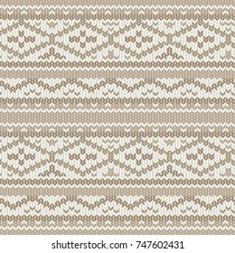 Knitted seamless vector pattern with cozy geometric ornament. Hand drawn winter sweater texture in colors of brown and beige. Warm knit work decorative background