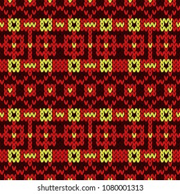 Knitted seamless vector pattern with quadratic ornament in yellow and red colors as a fabric texture