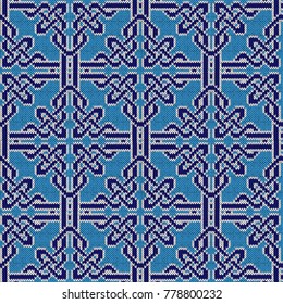 Knitted seamless vector pattern similar to ornate lattice as a fabric texture in blue and white colors