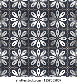 knitted seamless vector pattern with square tiles and large flowers on a dark background