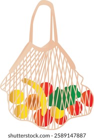 Knitted shopping bag with vegetables vector illustration Slow shopping Sustainable, renewable energy. Ecology, environment