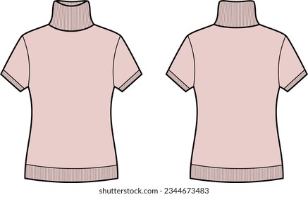 Knitted short sleeve turtleneck flat sketch. Sweater apparel design. Front back. Women CAD mockup. Technical drawing template. Vector illustration.