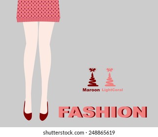 Knitted skirt colors bright coral and female legs in shoes