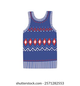 Knitted sleeveless vest with cozy zigzag pattern. Warm woolen clothing for winter, cold weather. Casual seasonal fashion. Wool knitwear garment. Flat vector illustration isolated on white background