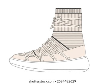 Knitted snow boots technical illustration vector mockup template.