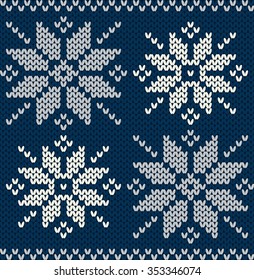 Knitted snowflakes on a dark blue background. Horizontal seamless knitted pattern.
